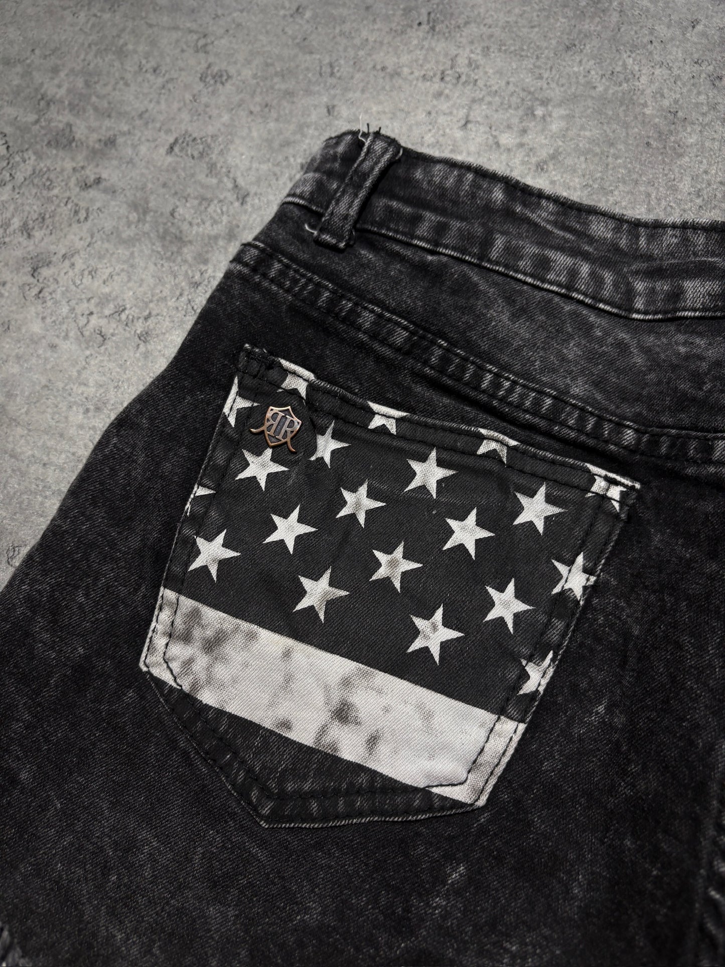 2000s Rock Rebel USA Flag Black Washed Jeans Shorts