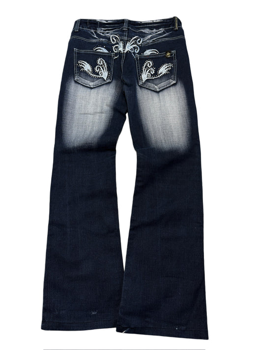 2000s BlueQueen Tribal Flare Washed Jeans