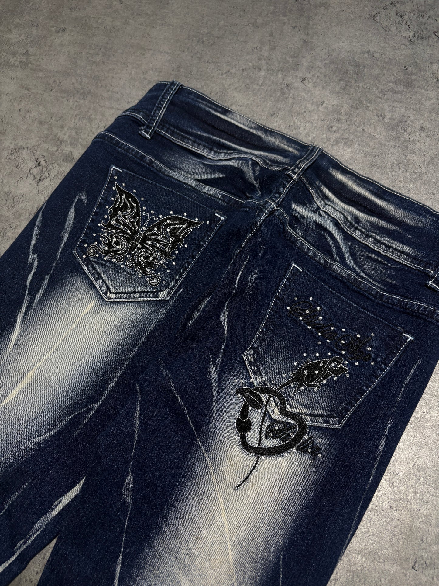 2000s Flare Washed Butterfly embroidered Jeans