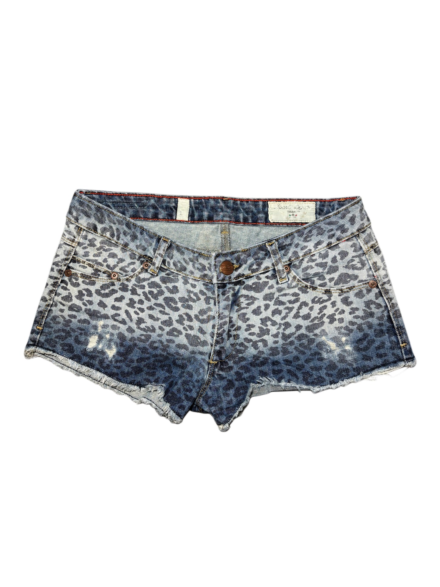 2000s pull and bear Leopard Washed Micro Jeans Shorts