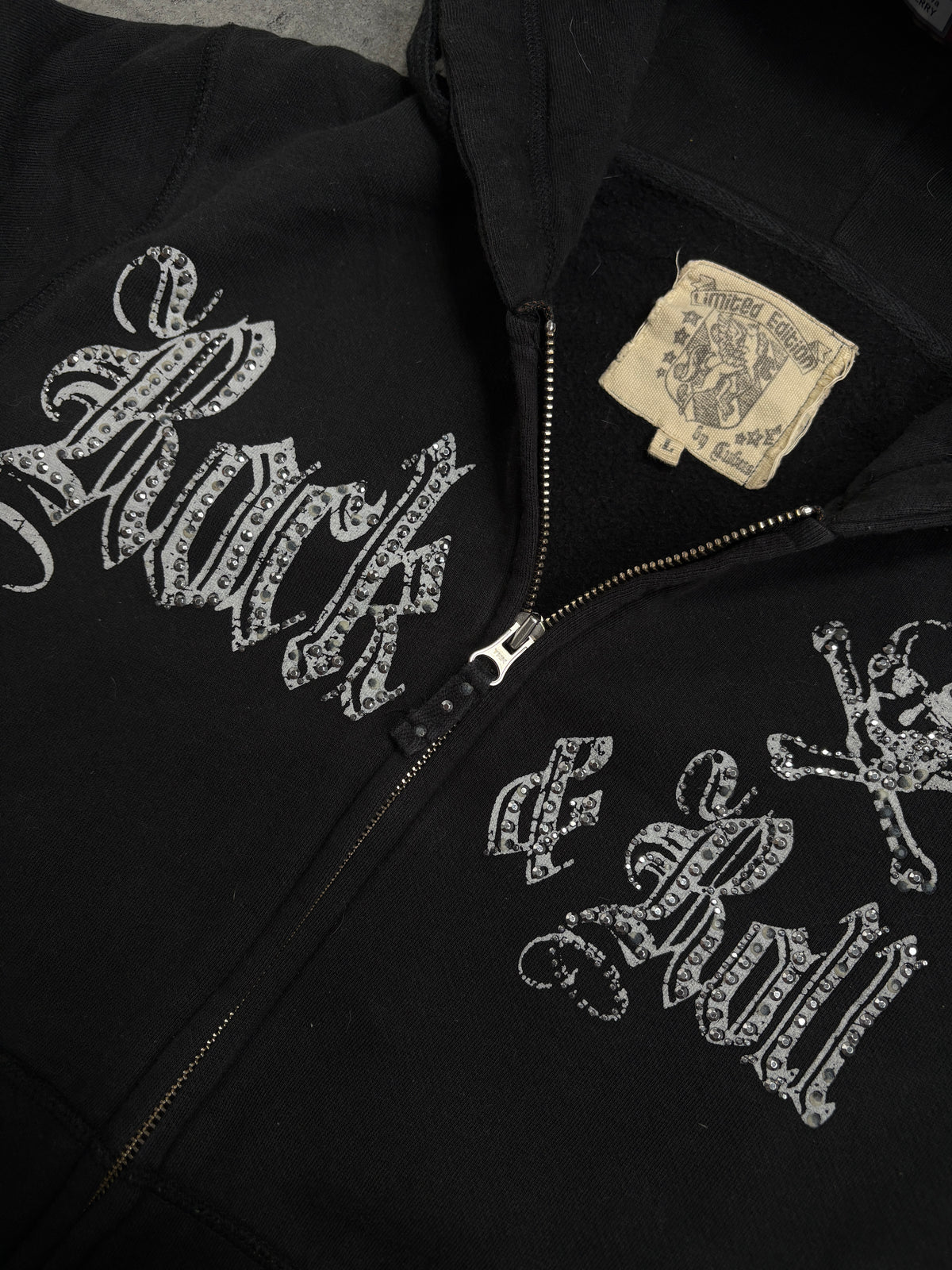2000s Rock & Roll Rhinestones zip hoodie skull