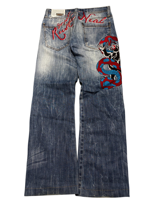 2000s distressed Rusty Neal embroidery jeans