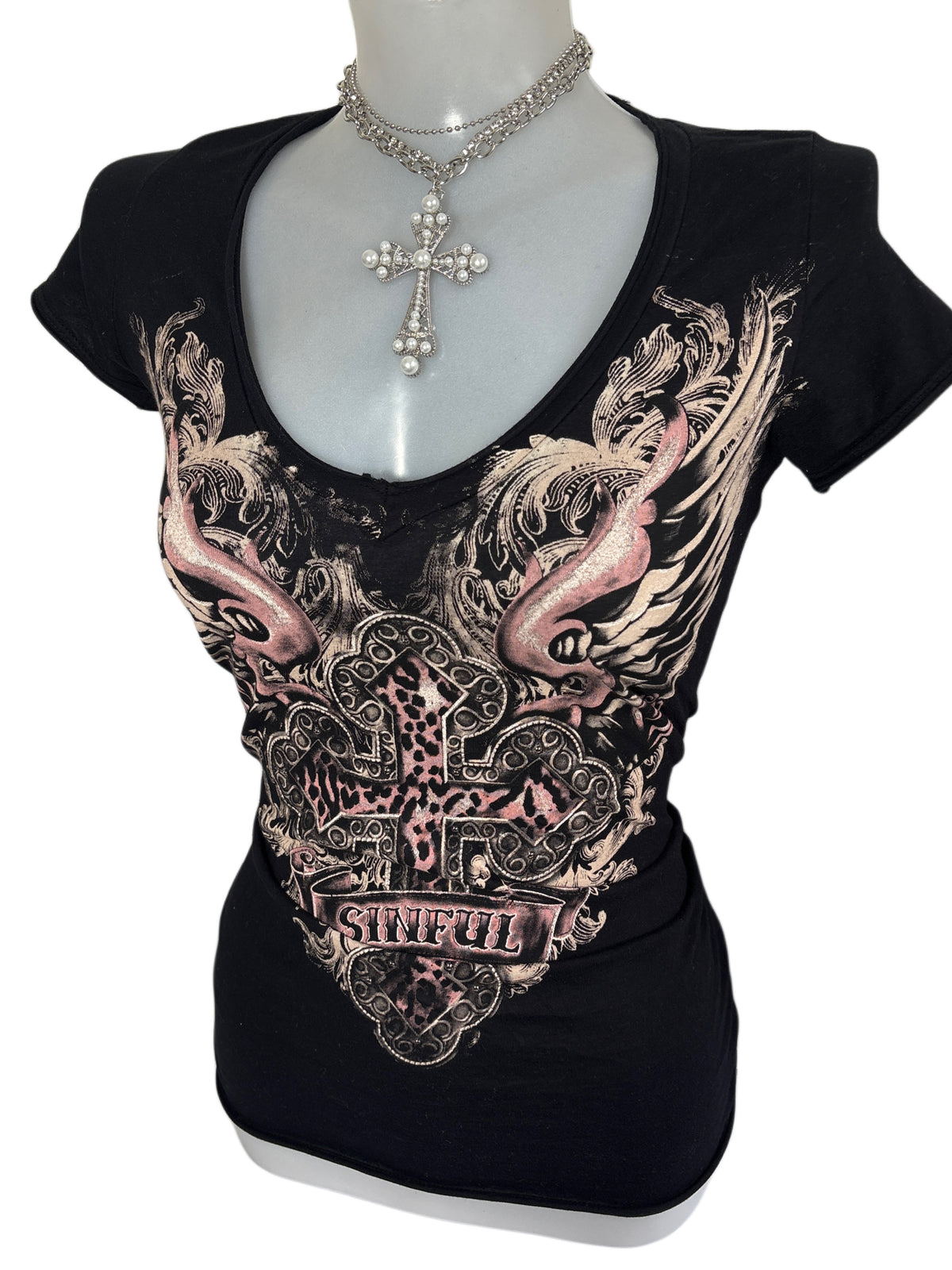 2000s *RARE* Sinful Y2K Cross V-neck T-shirt
