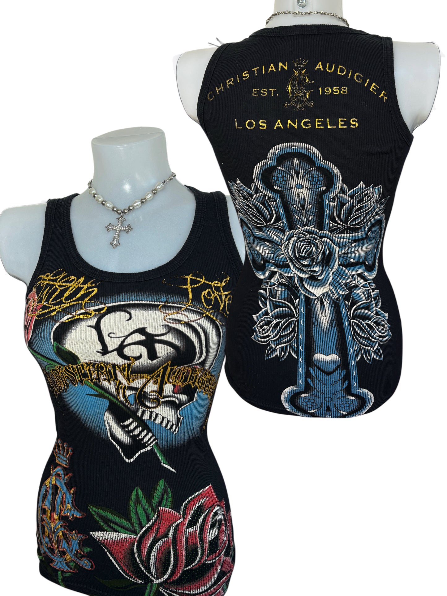 2000s Christian Audigier top/mini dress sukienka skull cross