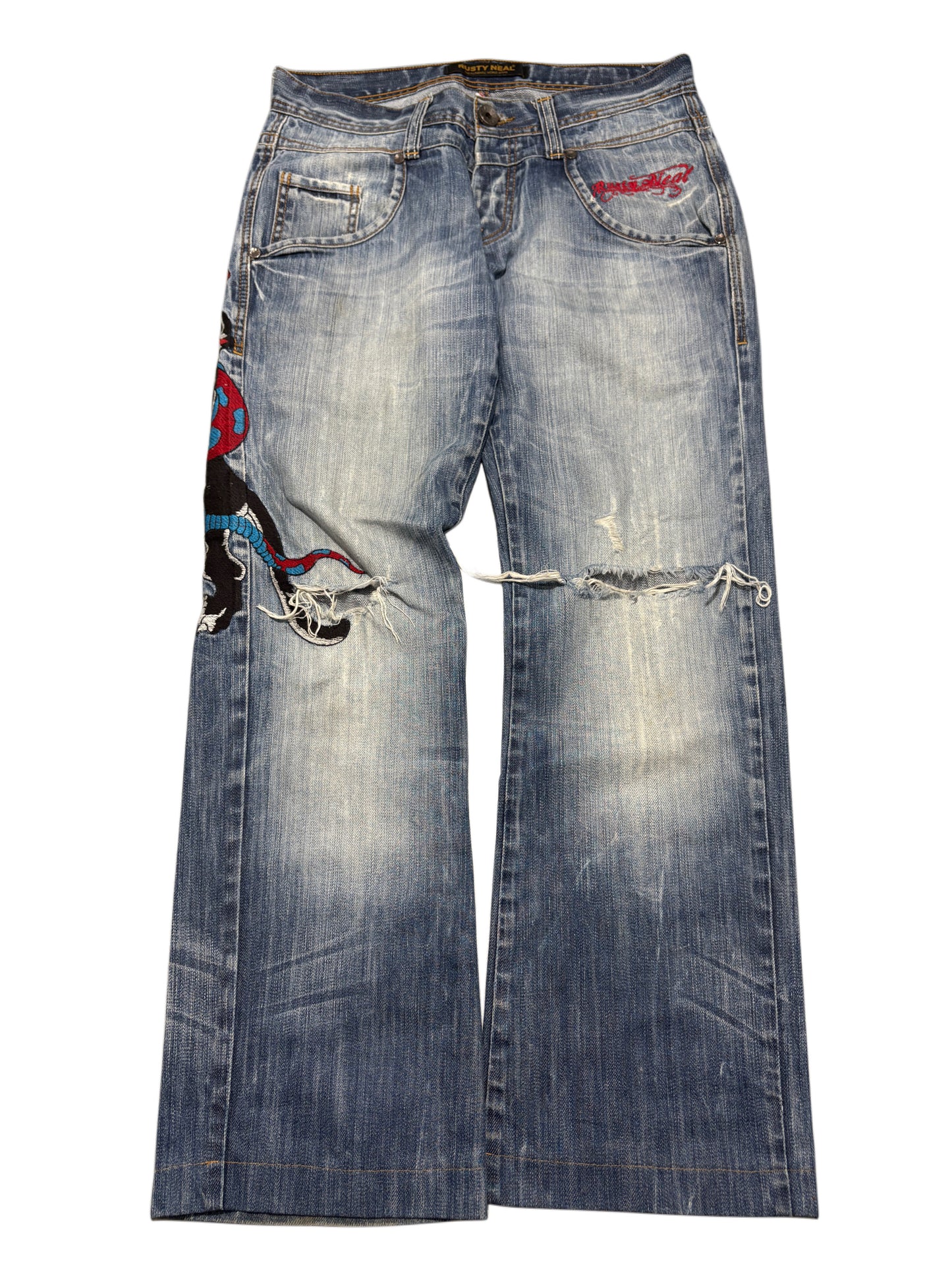 2000s distressed Rusty Neal embroidery jeans