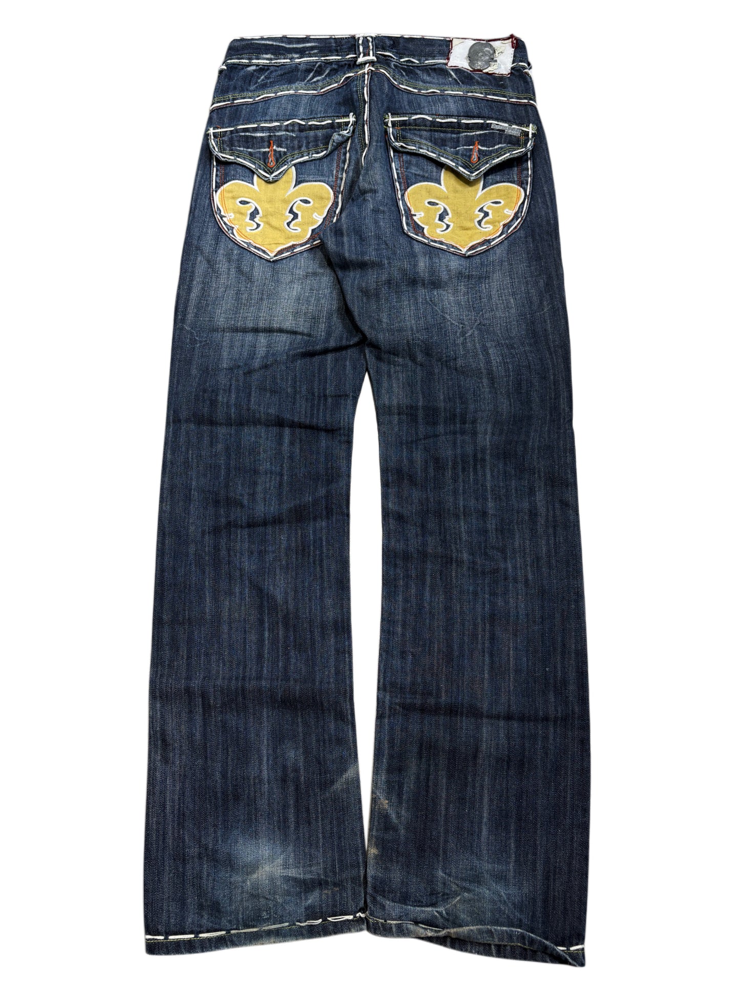 2000s Laguna Beach Chrome Tribal Skull Jeans