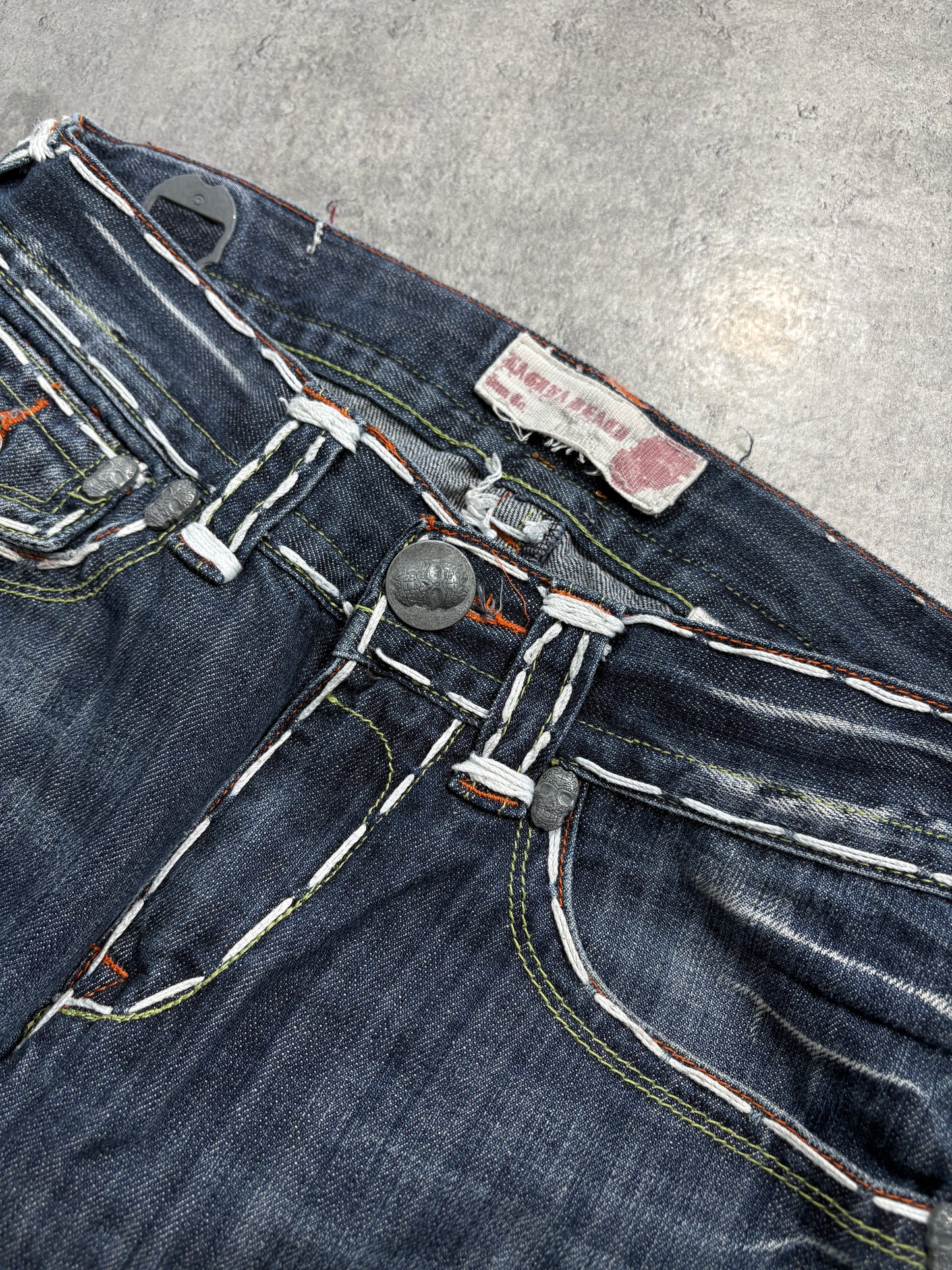2000s Laguna Beach Chrome Tribal Skull Jeans