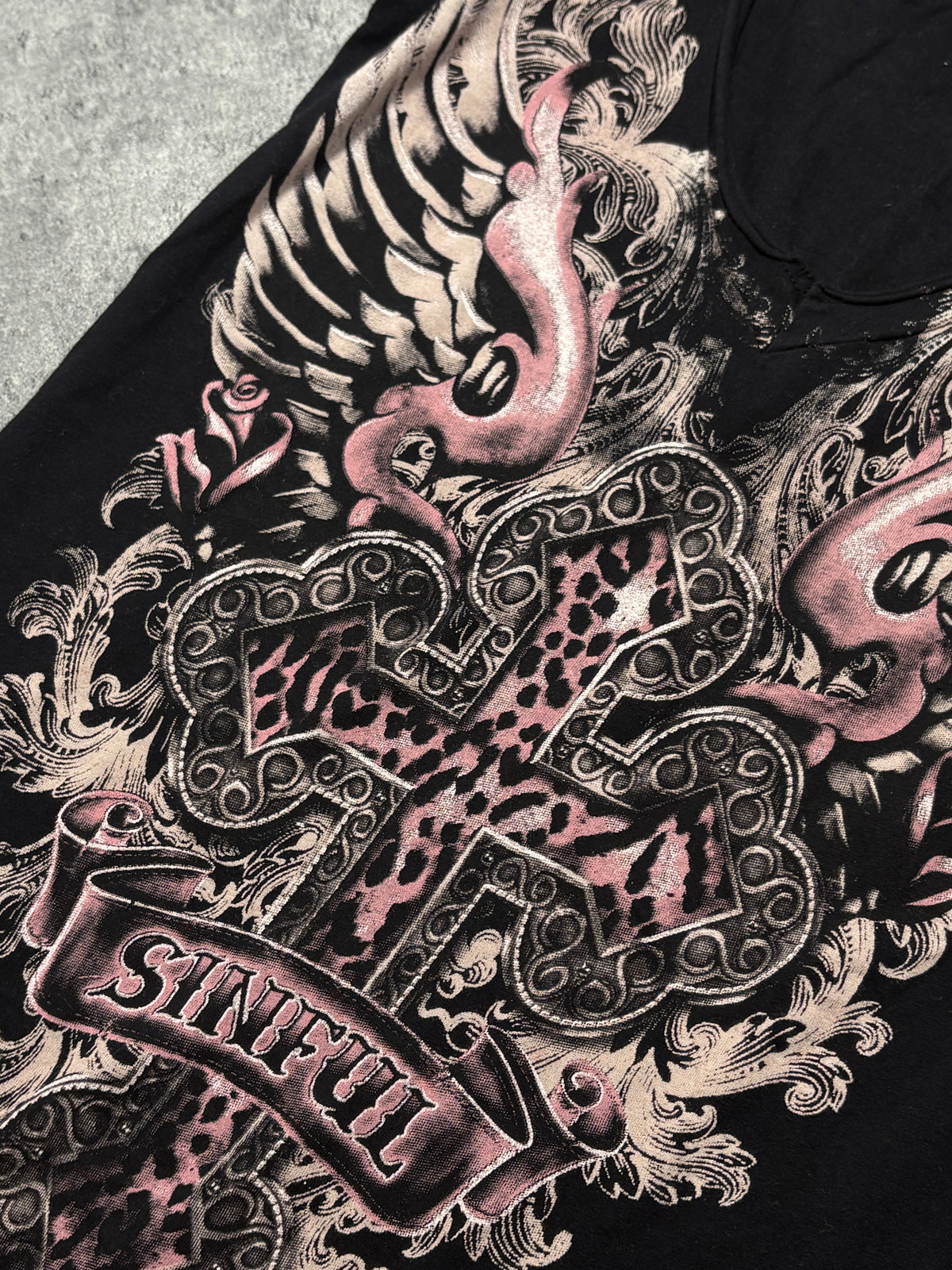 2000s *RARE* Sinful Y2K Cross V-neck T-shirt