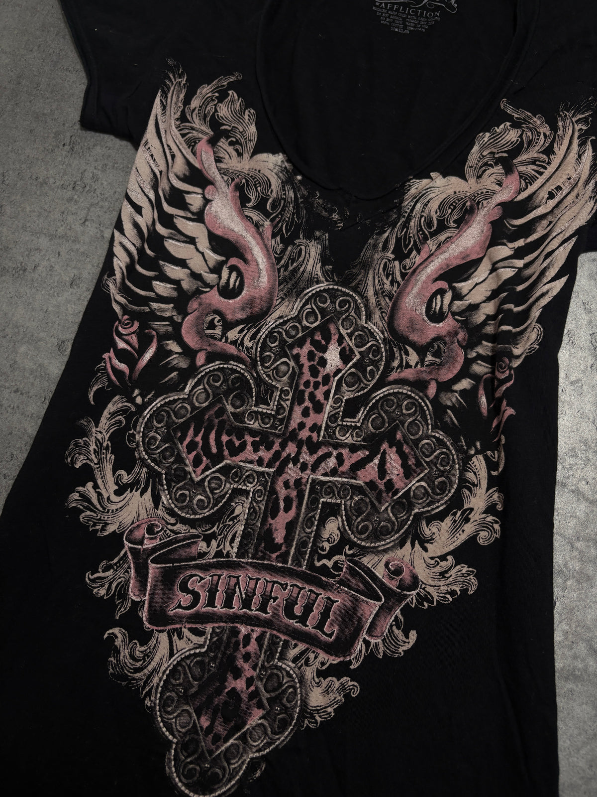 2000s *RARE* Sinful Y2K Cross V-neck T-shirt