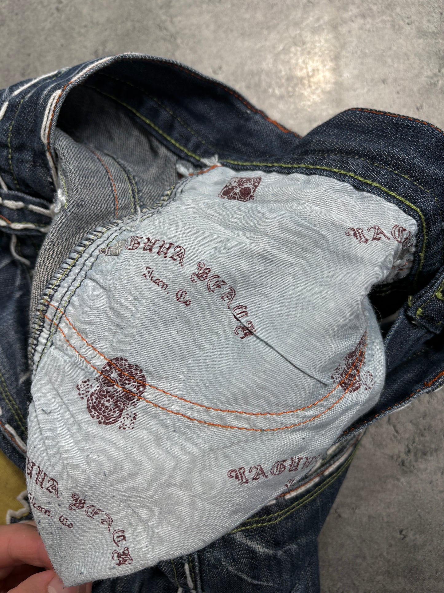 2000s Laguna Beach Chrome Tribal Skull Jeans