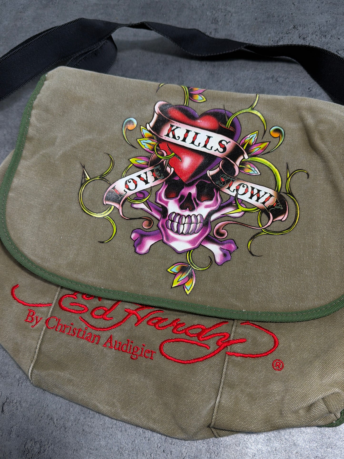 2000s Ed Hardy Khaki Washed Bag